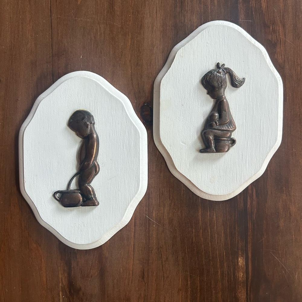 Vintage Bathroom Signs Bronze Figurines Set of 2